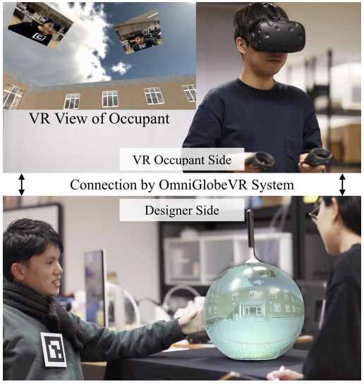 The OmniGlobeVR enables a VR occupant to communicate and cooperate with multiple designers in the physical world.